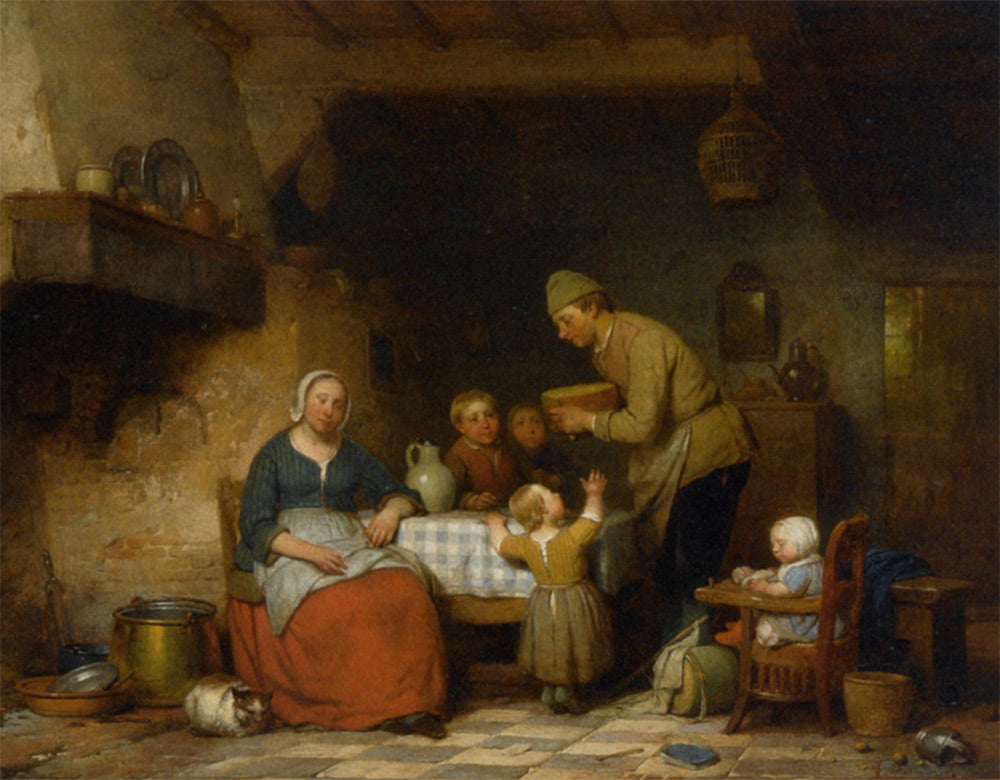 A Peasant Family Gathered Around the Kitchen Table, vintage artwork by Ferdinand de Braekeleer, 12x8" (A4) Poster