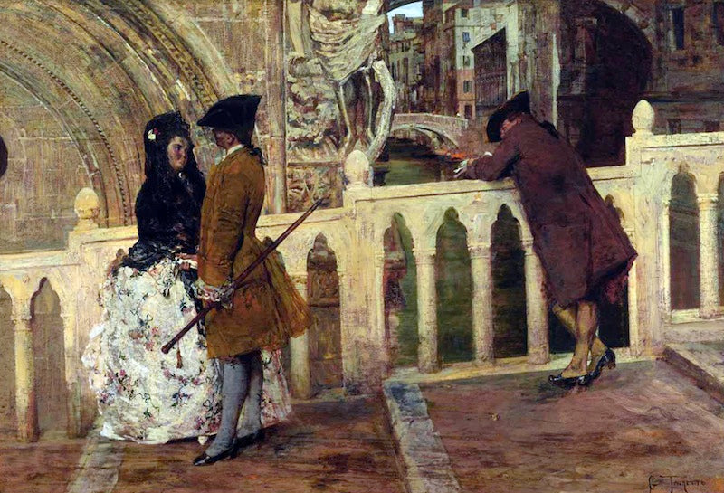 Meeting on the Bridge, vintage artwork by Giacomo Favretto, 12x8" (A4) Poster