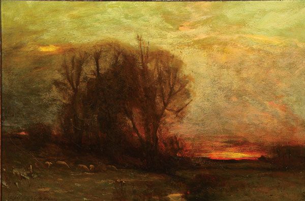 Dusk Landscape with Grazing Sheep, vintage artwork by Charles Melville Dewey, 12x8" (A4) Poster