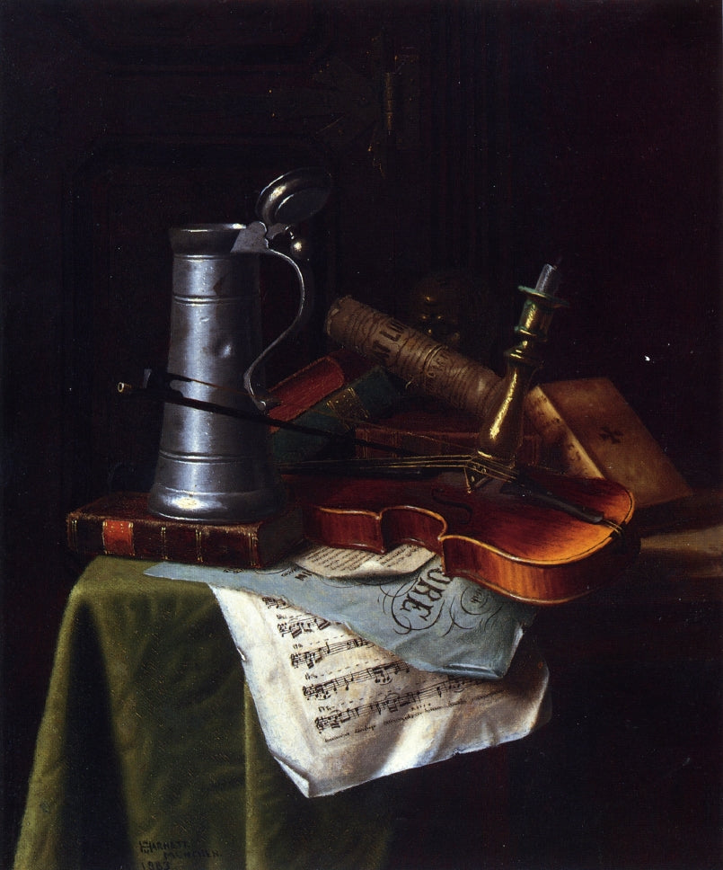 Still Life with a Violin, Pewter Tankard and Sheet Music, vintage artwork by William Michael Harnett, 12x8" (A4) Poster