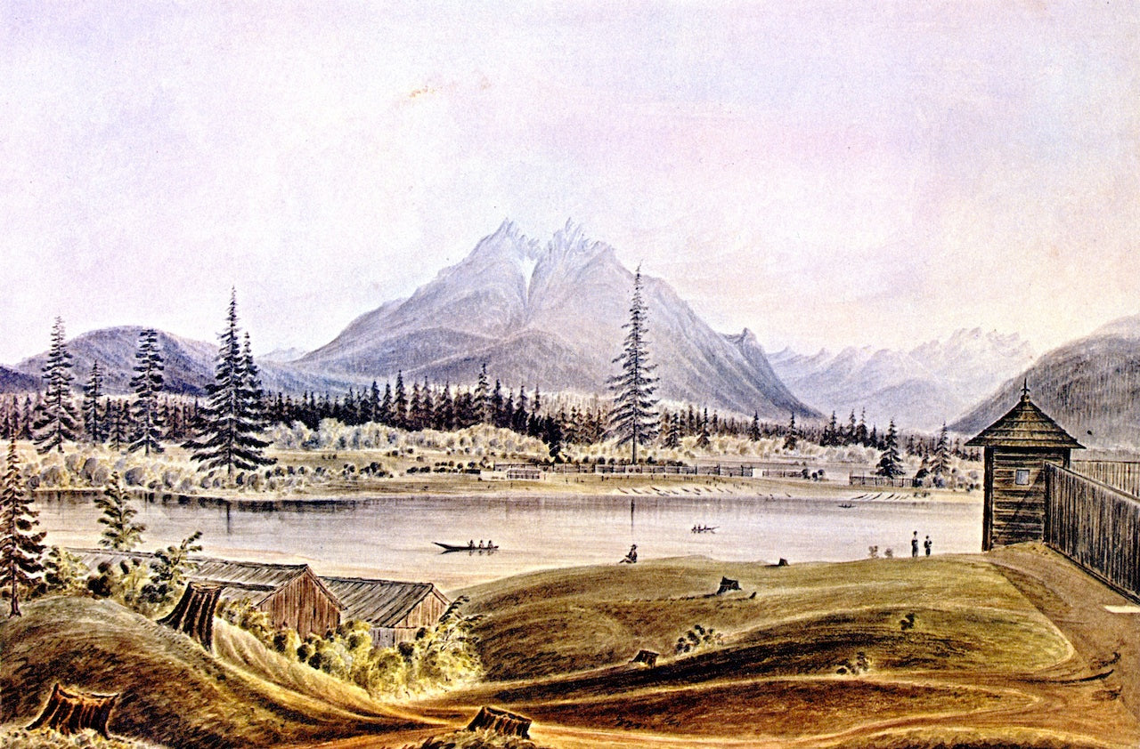 Hudson's Bay Company Fort Langley, Left Bank of Fraser River, Langley Butte in the Distance, vintage artwork by James Madison Alden, 12x8" (A4) Poster