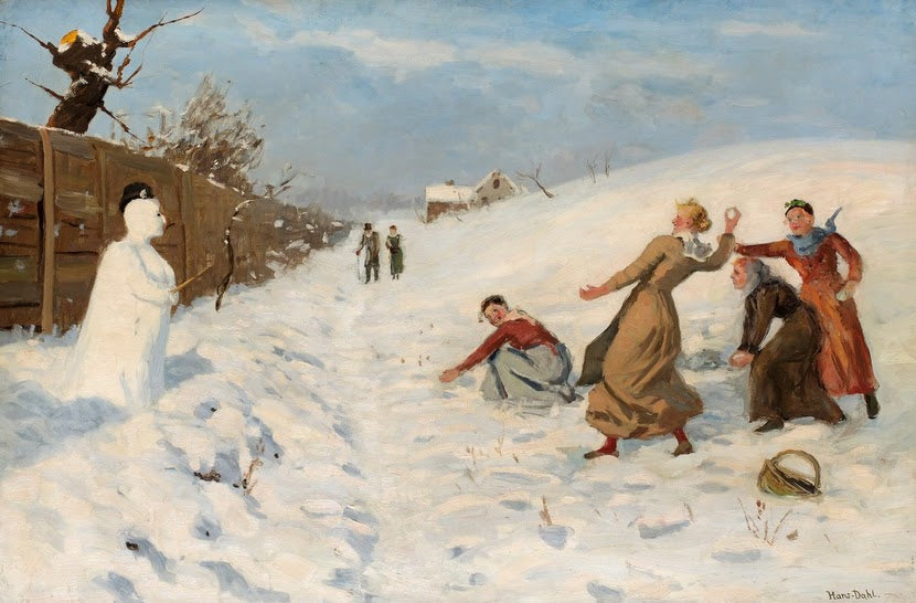 Snowball Fight, vintage artwork by Hans Dahl, 12x8" (A4) Poster