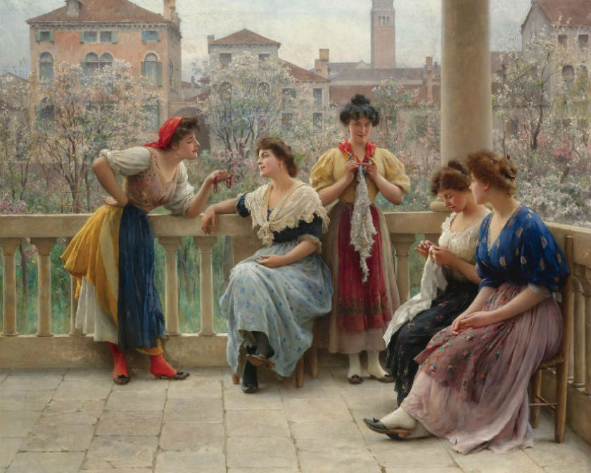 Conversation On The Terrace, Venice, vintage artwork by Eugene von Blaas, 12x8" (A4) Poster