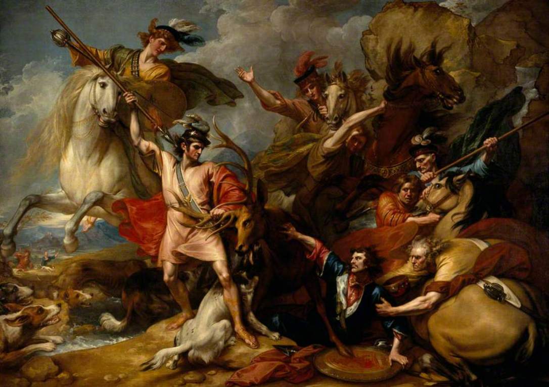 Alexander III of Scotland Rescued from the Fury of a Stag by the Intrepidity of Colonel Fitzgerald, vintage artwork by Benjamin West, 12x8" (A4) Poster