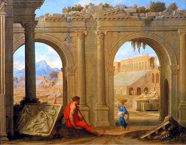 Figures amongst Classical Architectural Ruins, vintage artwork by Jean Lemaire, 12x8" (A4) Poster