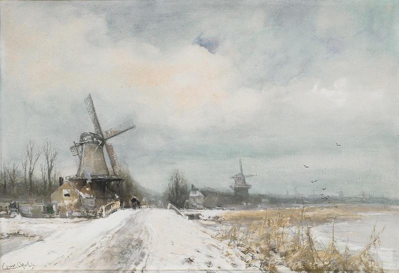 Dutch Winter Landscape with Windmills, vintage artwork by Louis Apol, 12x8" (A4) Poster