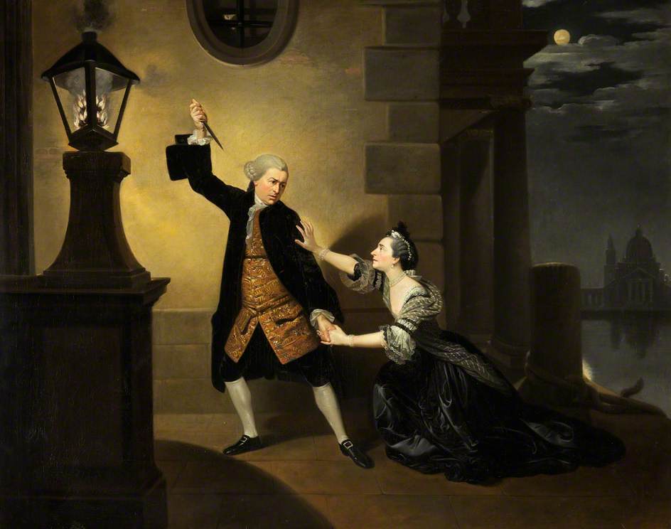 Garrick as Jaffier and Cibber as Belvidera in 'Venice Preserv'd' by Thomas Otway, Drury Lane, vintage artwork by Johann Zoffany, 12x8" (A4) Poster