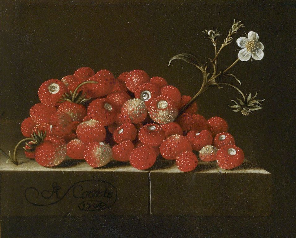 Wild strawberries on a ledge, vintage artwork by Adriaen Coorte, 12x8" (A4) Poster