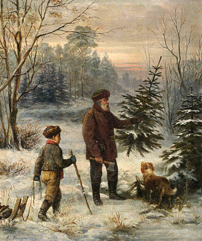 Father and Son Picking Christmas Tree, vintage artwork by Franz Krüger, A3 (16x12") Poster Print