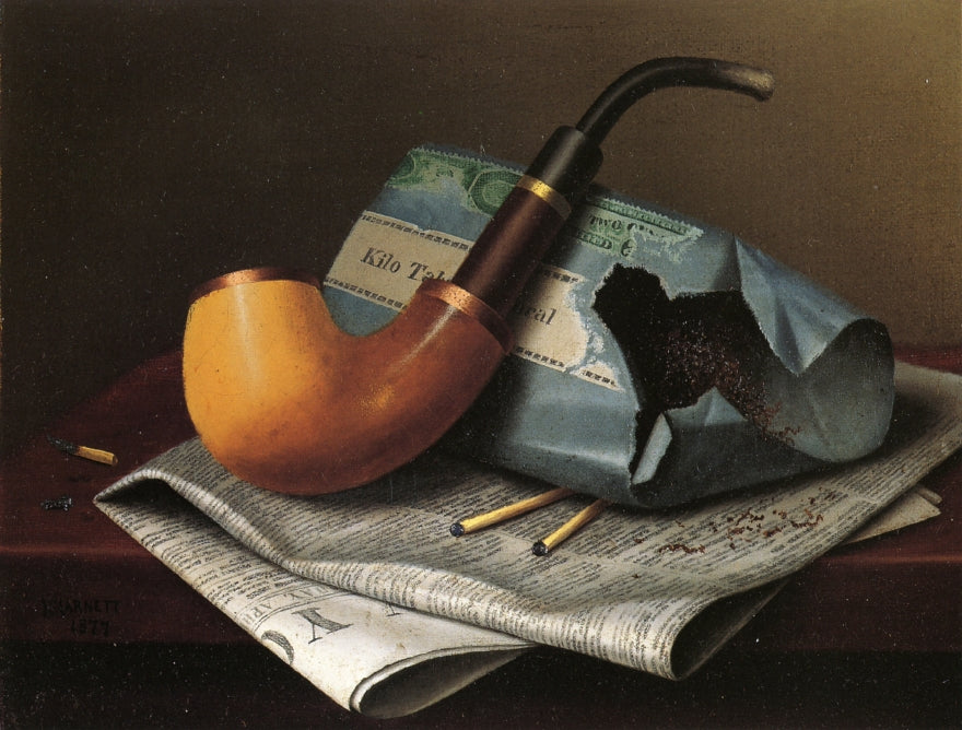 Still Life with Pipe, Newspaper and Tobacco Pouch, vintage artwork by William Michael Harnett, 12x8" (A4) Poster