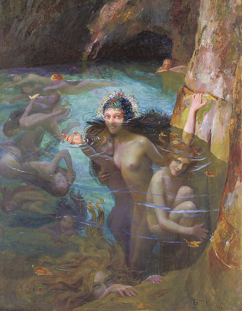 Sea Nymphs at a Grotto, vintage artwork by Gaston Bussiere, 12x8" (A4) Poster