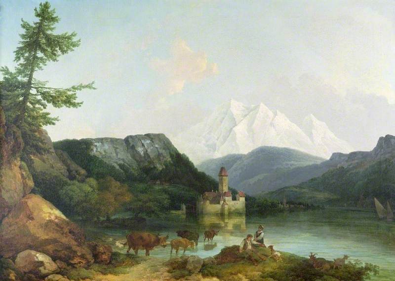 Château de Chillon, Switzerland, vintage artwork by Philippe-Jacques de Loutherbourg, 12x8" (A4) Poster