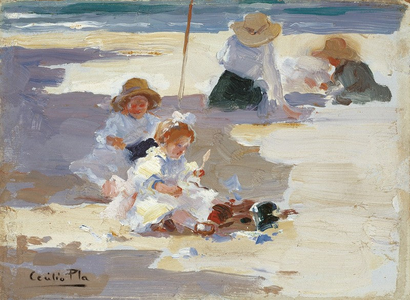 Playing in the beach, vintage artwork by Cecilio Pla y Gallardo, 12x8" (A4) Poster