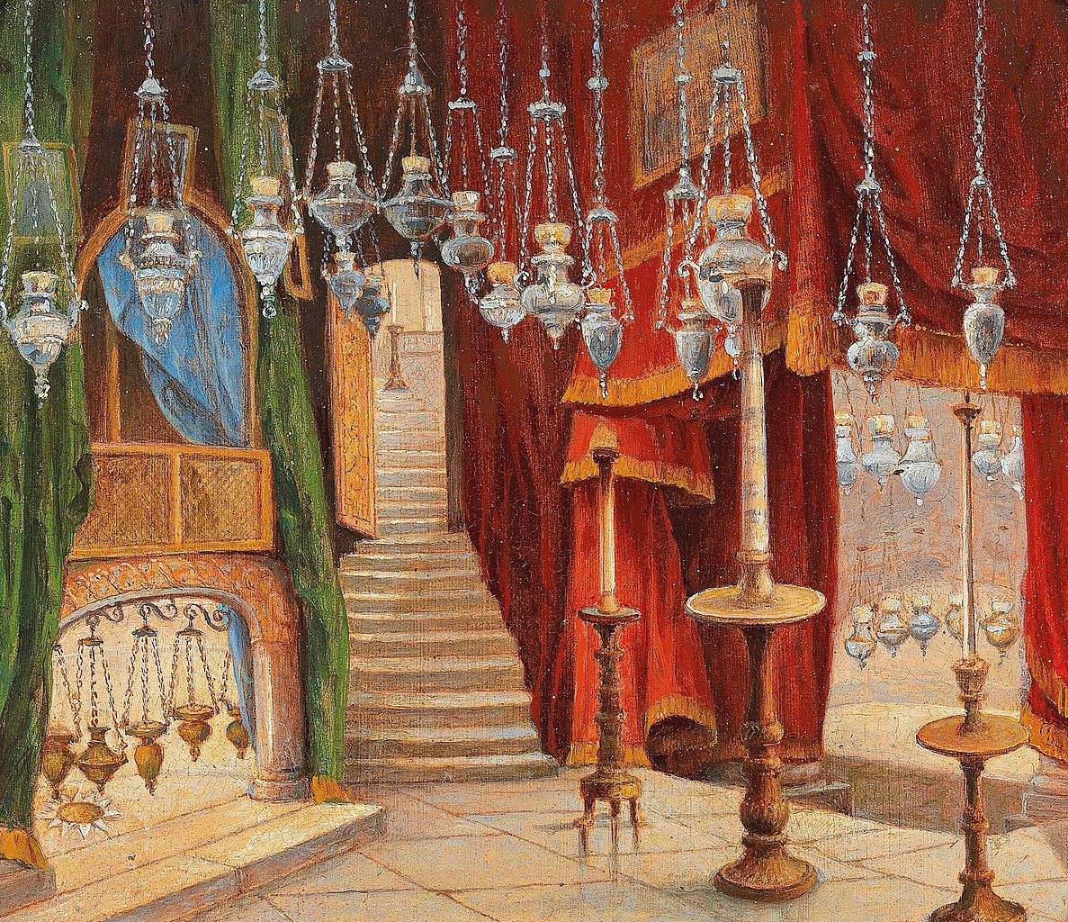 Bethlehem, Interior of the Nativity Chapel, vintage artwork by Hubert Sattler, A3 (16x12") Poster Print