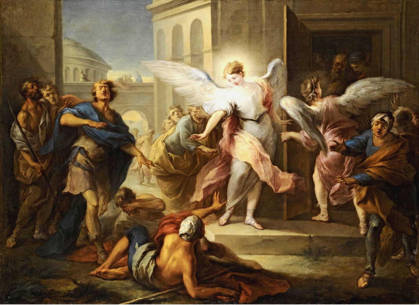The blinding of the inhabitants of Sodom, vintage artwork by Carle van Loo, 12x8" (A4) Poster