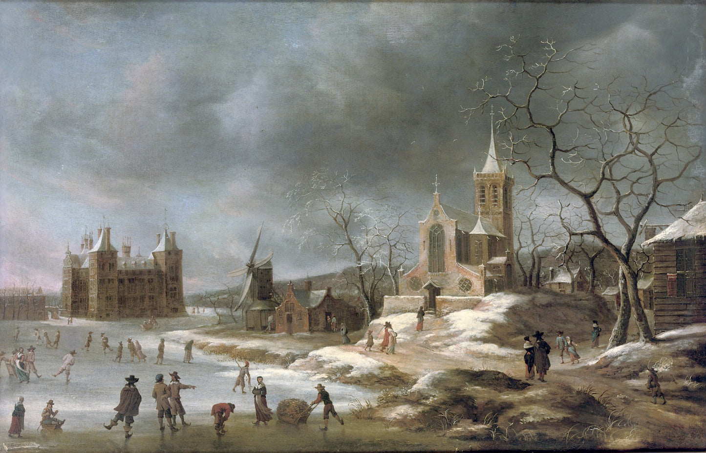 A winter landscape with activities on the ice near Castle Buren, vintage artwork by Jan Abrahamsz Beerstraten, 12x8" (A4) Poster