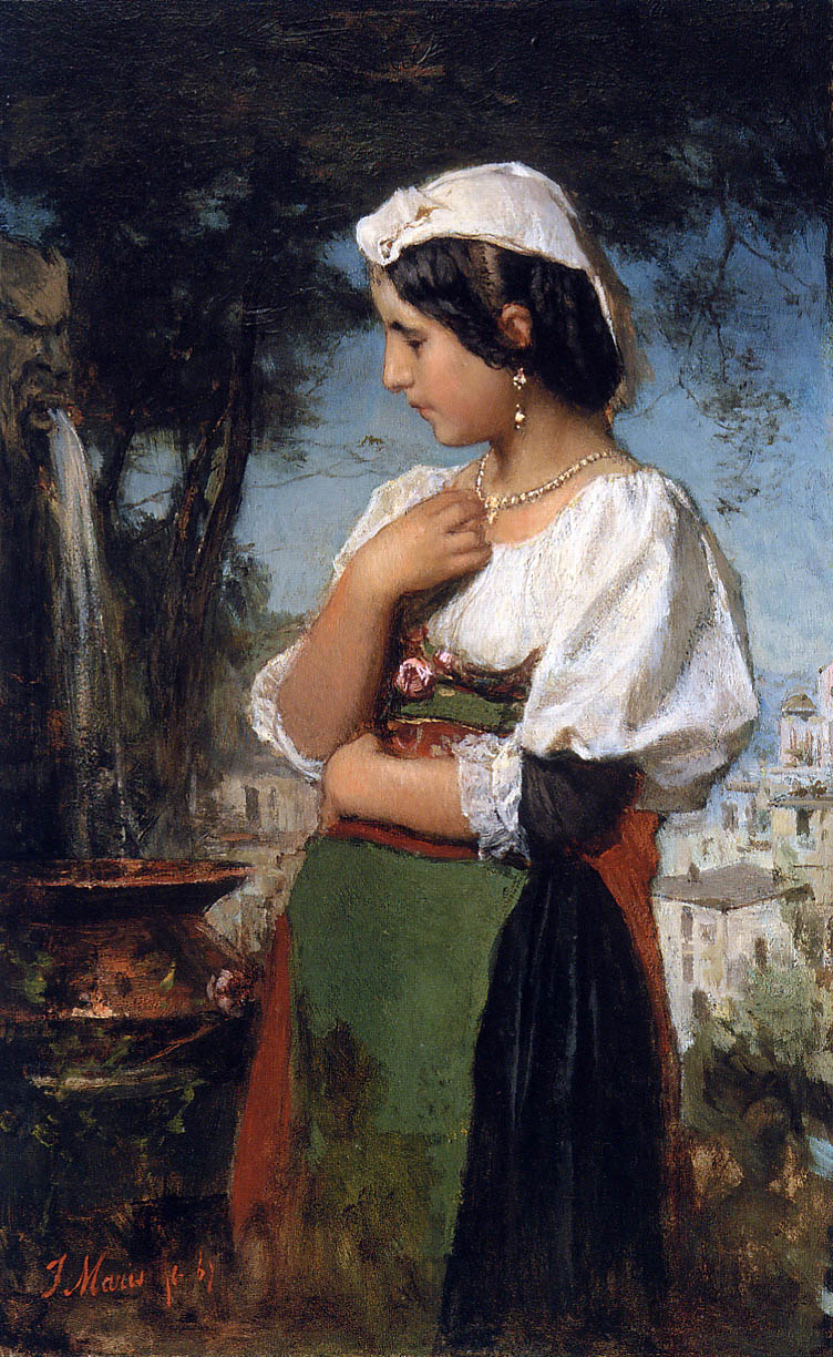 Italian Girl at the Fountain, vintage artwork by Jacob Maris, 12x8" (A4) Poster