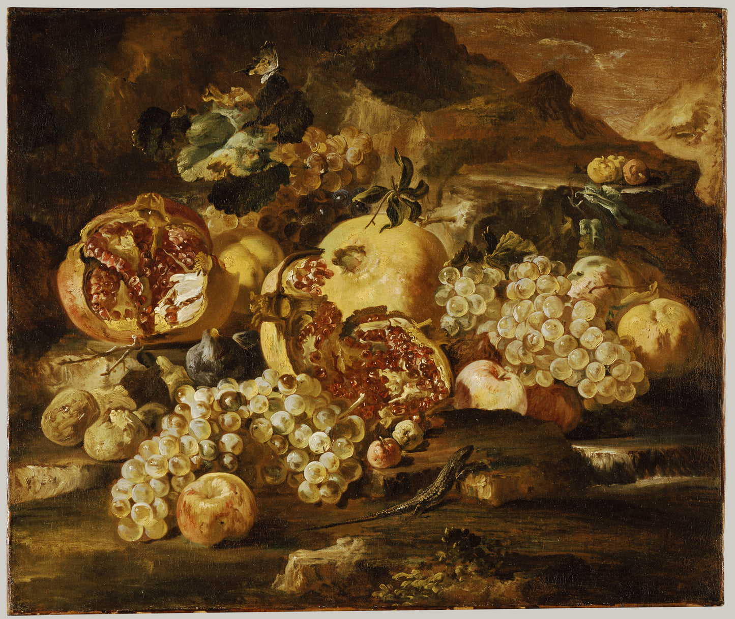 Pomegranates and Other Fruit in a Landscape, vintage artwork by Abraham Brueghel, 12x8" (A4) Poster