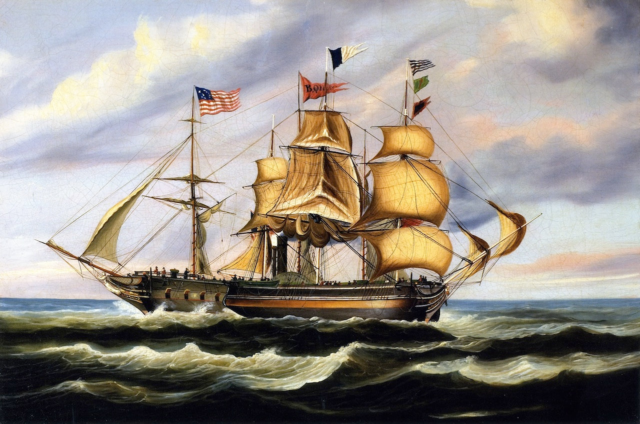Ships Meeting at Sea: The British Queen and an American Packet, vintage artwork by Thomas Chambers, A3 (16x12") Poster Print