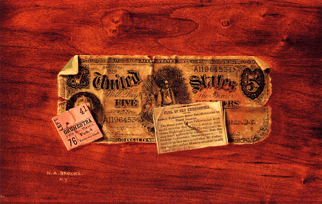 Still Life with $5 Bill, Ticket Stub and Newspaper Clipping, vintage artwork by Nicholas Alden Brooks, 12x8" (A4) Poster