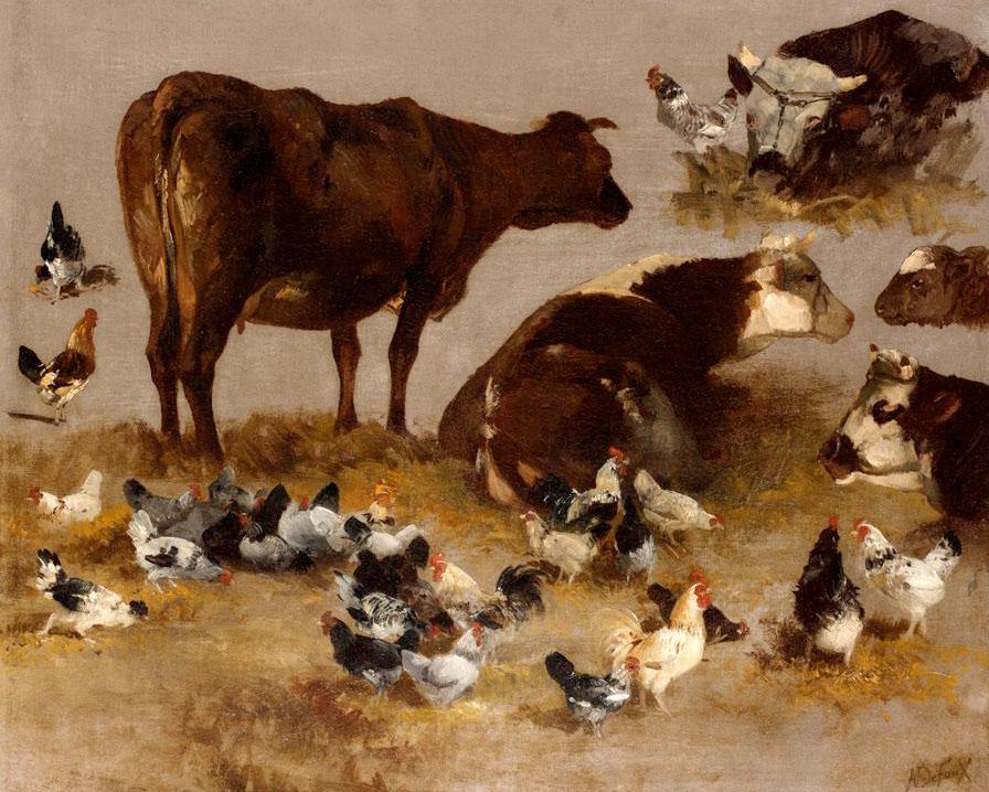 Study of Cows and Chickens, vintage artwork by Alexandre Defaux, 12x8" (A4) Poster