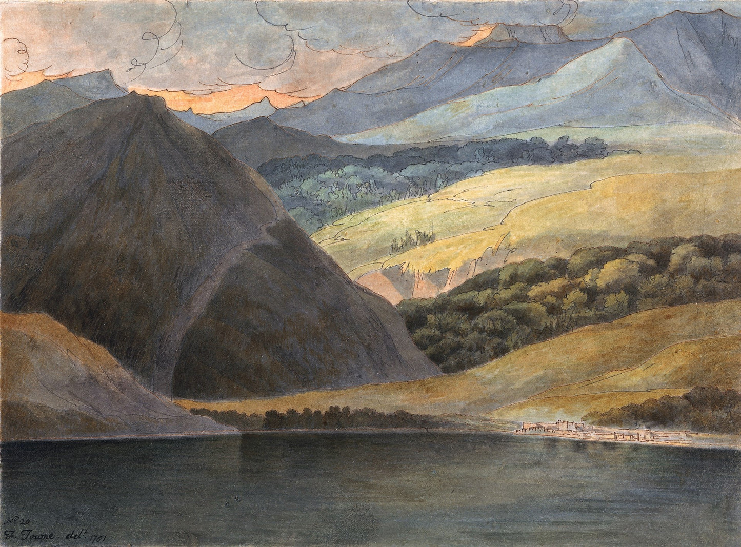 View on Lake Maggiore at Evening, vintage artwork by Francis Towne, 12x8" (A4) Poster