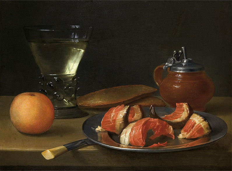Still Life with Glass of Red Wine, Orange and Ham, vintage artwork by Jacob Foppens van Es, 12x8" (A4) Poster