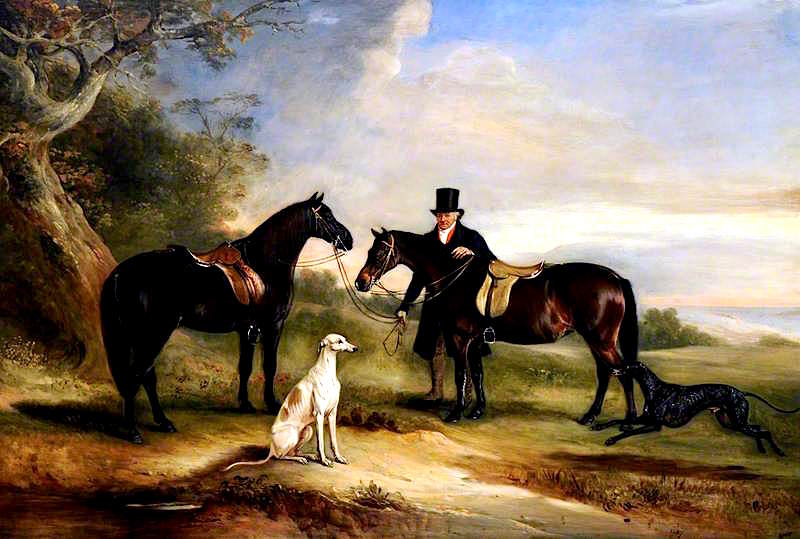 A Groom with Two Ponies and Two Greyhounds in a Landscape, vintage artwork by John E. Ferneley, Sr, 12x8" (A4) Poster