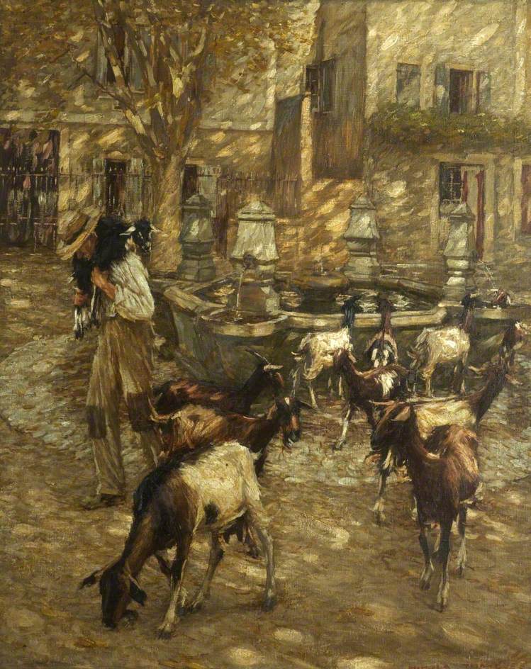Goats at a Fountain, vintage artwork by Henry Herbert la Thangue, 12x8" (A4) Poster