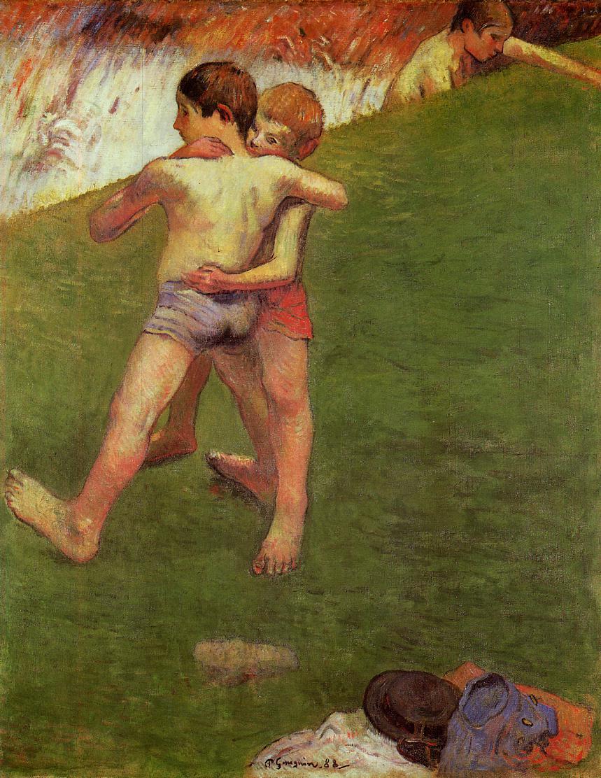 Breton Boys Wrestling, vintage artwork by Paul Gauguin, 12x8" (A4) Poster