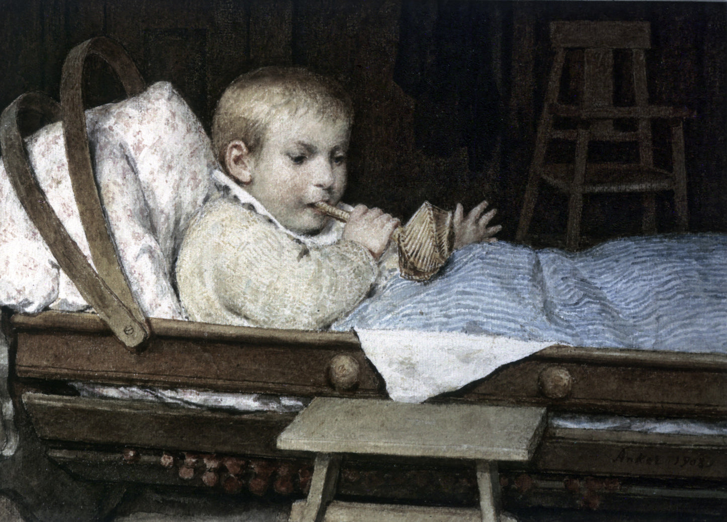 Child in a Cradle, vintage artwork by Albert Anker, 12x8" (A4) Poster