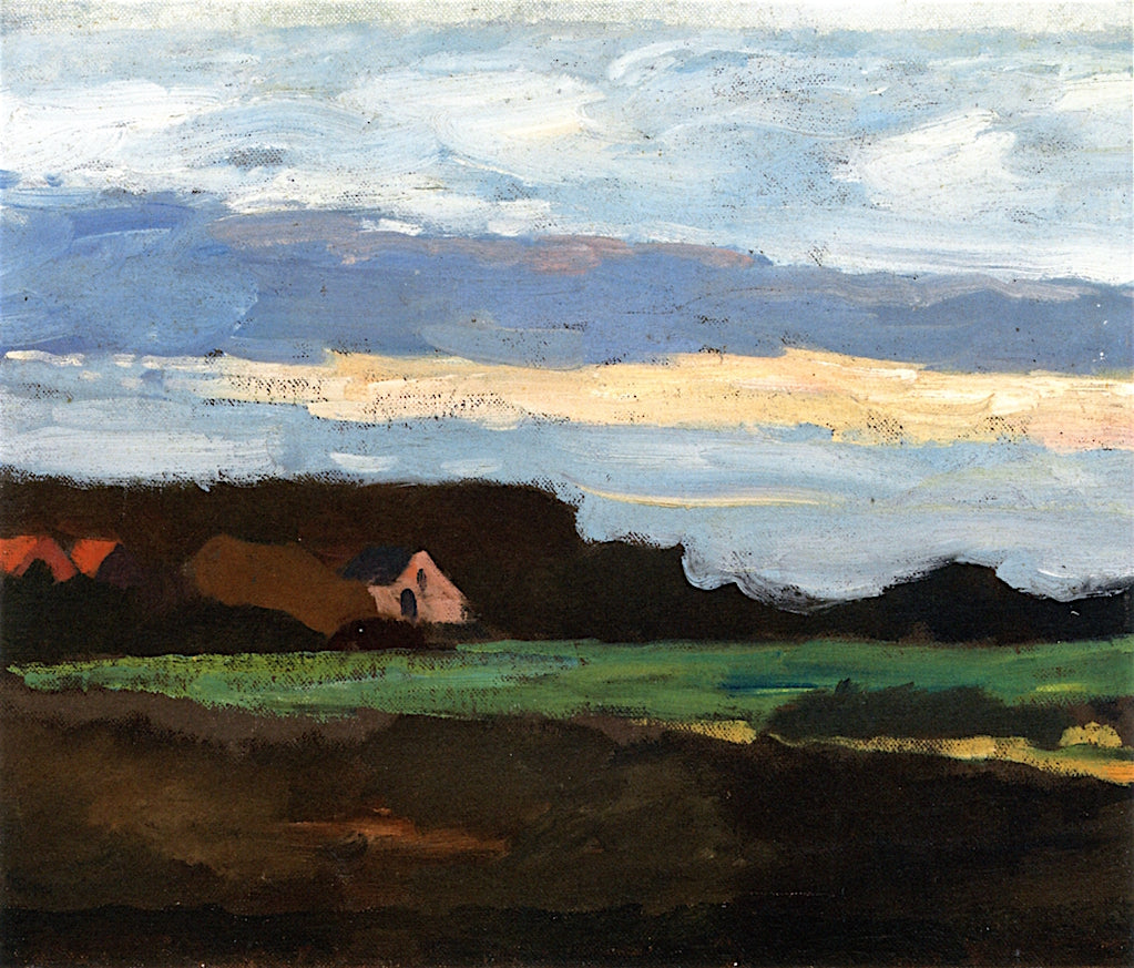 Farm Buildings in White and Red near a Green Field, vintage artwork by Piet Mondriaan, 12x8" (A4) Poster