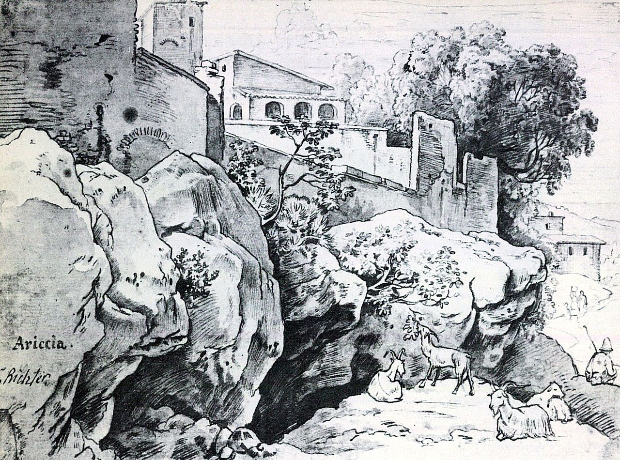 Rocks at the Edge of Ariccia, vintage artwork by Ludwig Richter, A3 (16x12") Poster Print