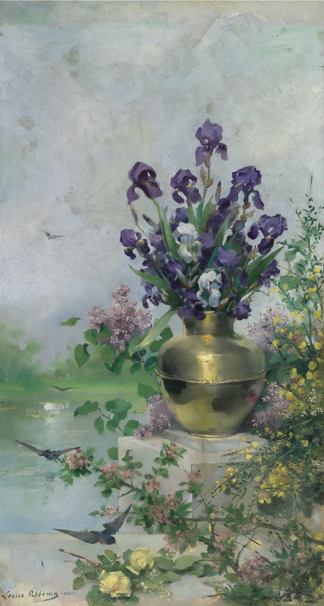 A Vase of Irises on the Terrace, vintage artwork by Louise Abbema, 12x8" (A4) Poster