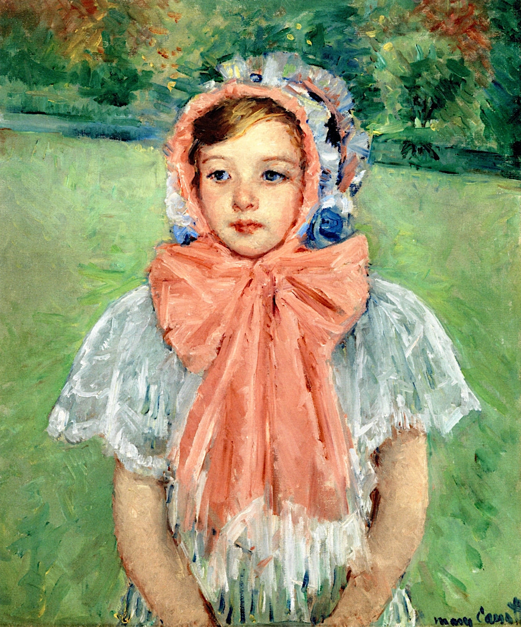 Girl in a Bonnet Tied with a Large Pink Bow, vintage artwork by Mary Cassatt, 12x8" (A4) Poster