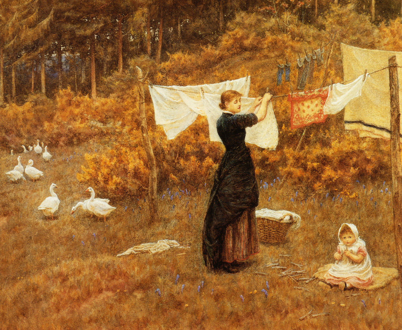 The Clothes Line, vintage artwork by Helen Allingham, 12x8" (A4) Poster