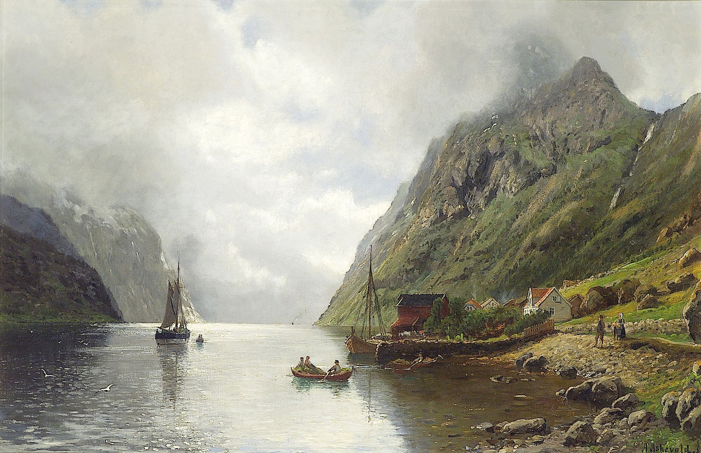 Fjord Landscape with Figures, vintage artwork by Anders Monsen Askevold, 12x8" (A4) Poster