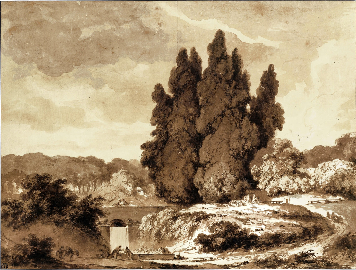 Italianate Park Landscape with Tall Cypresses, vintage artwork by Jean-Honore Fragonard, 12x8" (A4) Poster
