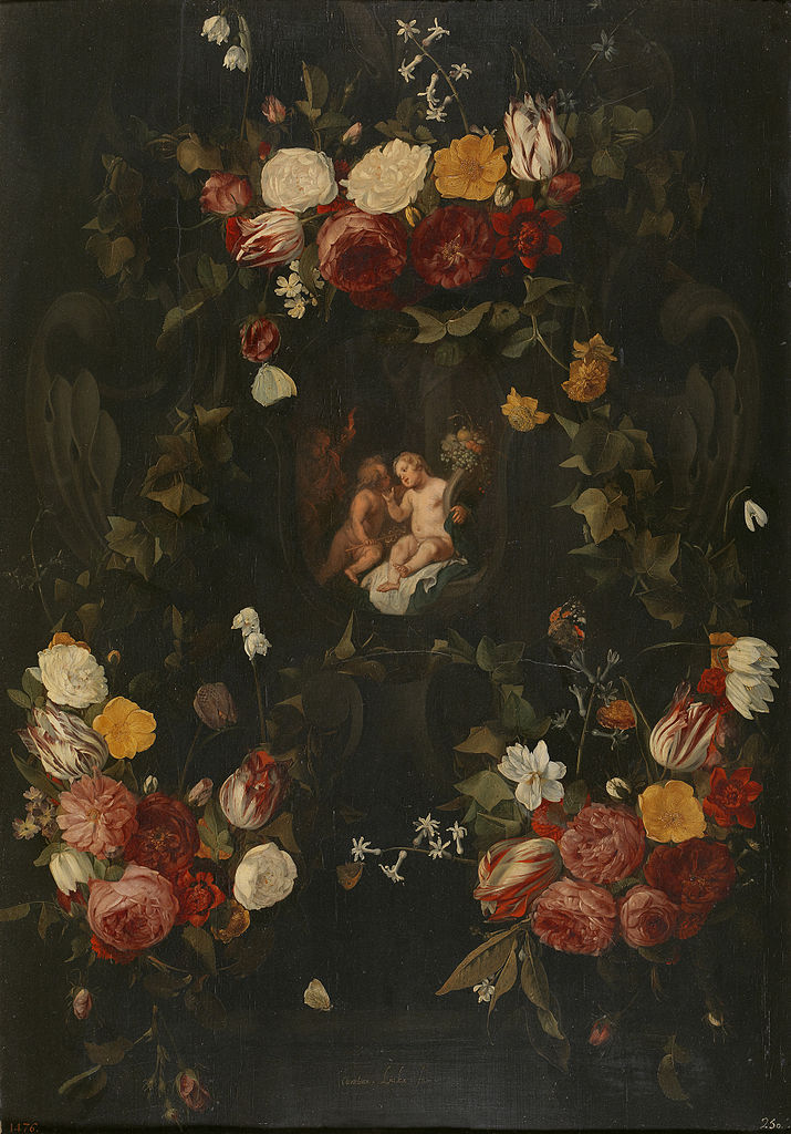 Garland with Three Putti, vintage artwork by Carstian Luyckx, 12x8" (A4) Poster