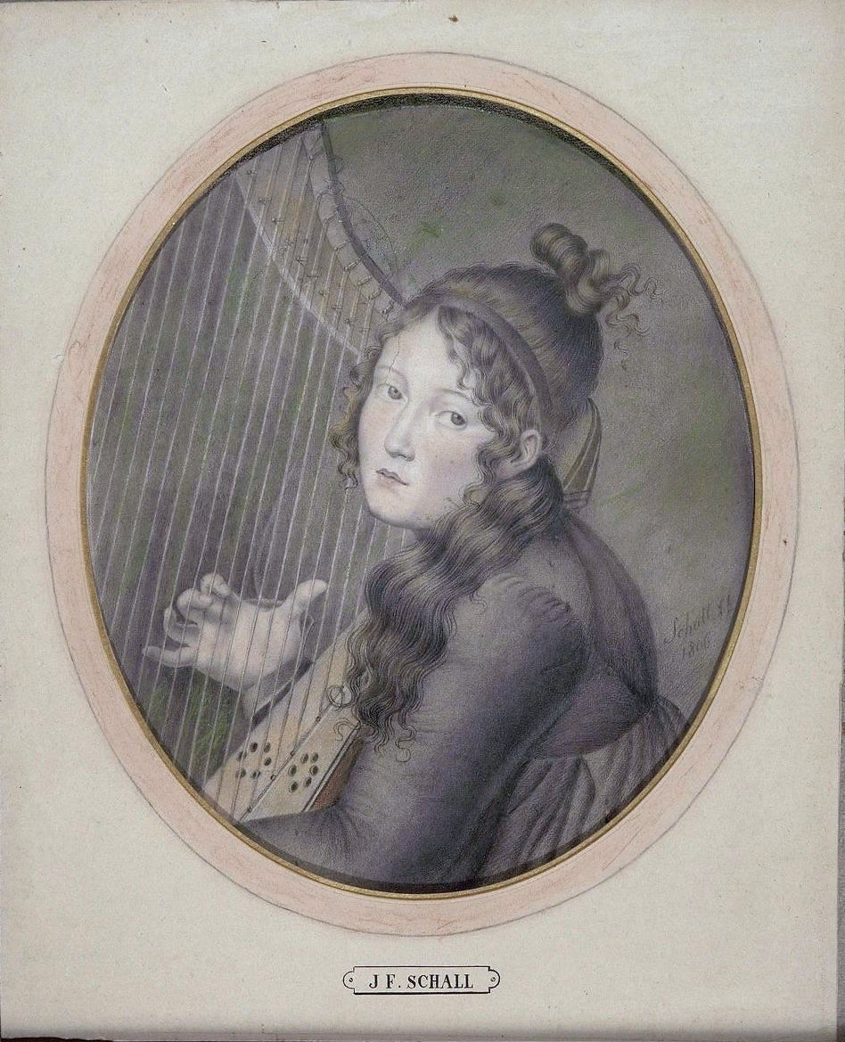 Woman Playing Harp, Maybe Hortense de Beauharnais, vintage artwork by Jean-Frederic Schall, 12x8" (A4) Poster
