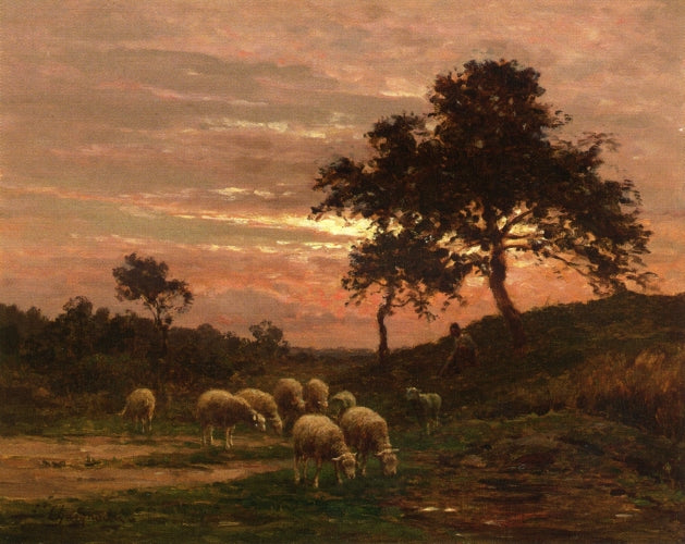 Shepherd and His Flock at Sunset, vintage artwork by Jean Ferdinand Chaigneau, 12x8" (A4) Poster