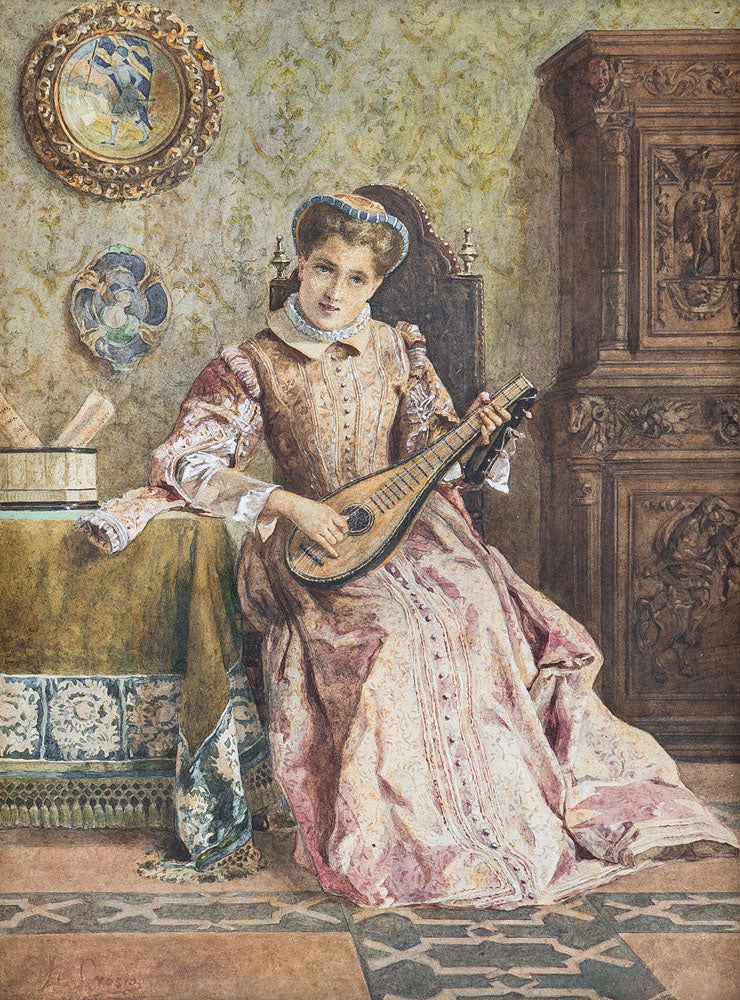 Lady Playing Music, vintage artwork by Luigi Crosio, 12x8" (A4) Poster