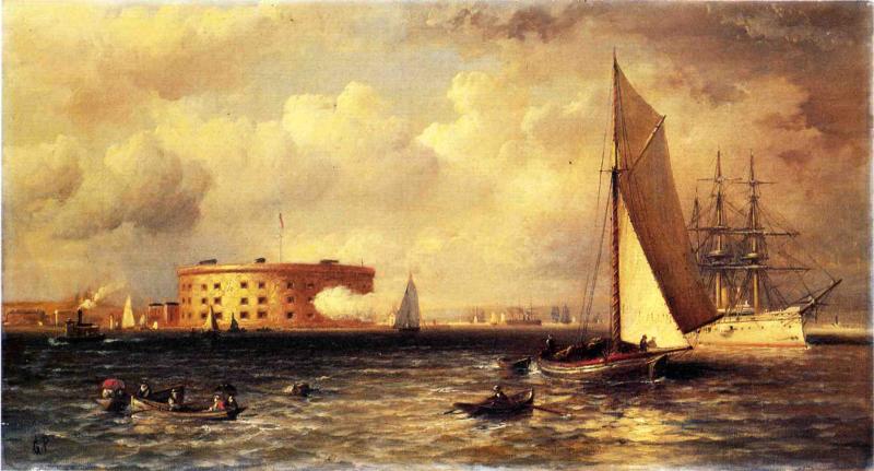 Ships Near the Battery, vintage artwork by Granville Perkins, 12x8" (A4) Poster