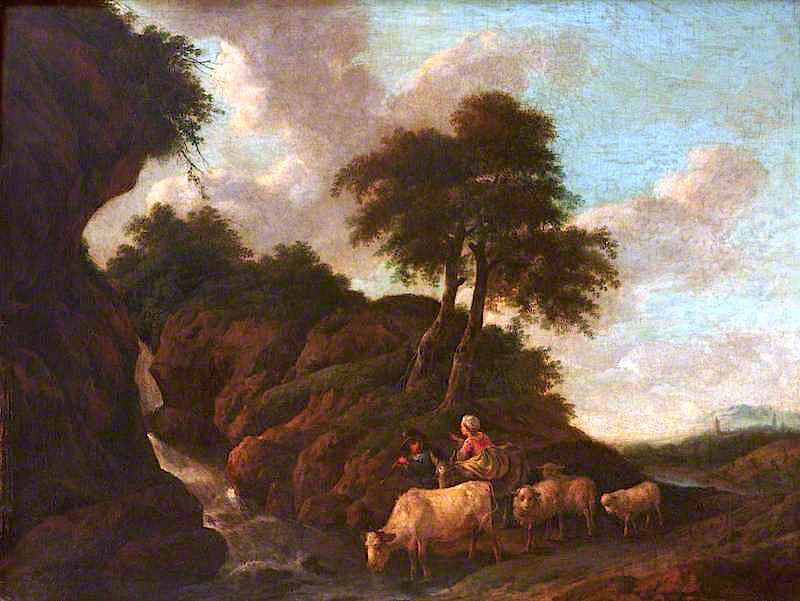 Landscape with a Waterfall, Peasants and Animals, vintage artwork by Christian Wilhelm Ernst Dietrich, 12x8" (A4) Poster