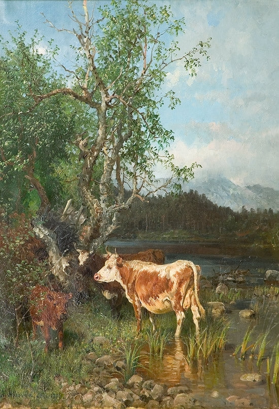 Cows by the Watering Place, vintage artwork by Anders Monsen Askevold, 12x8" (A4) Poster