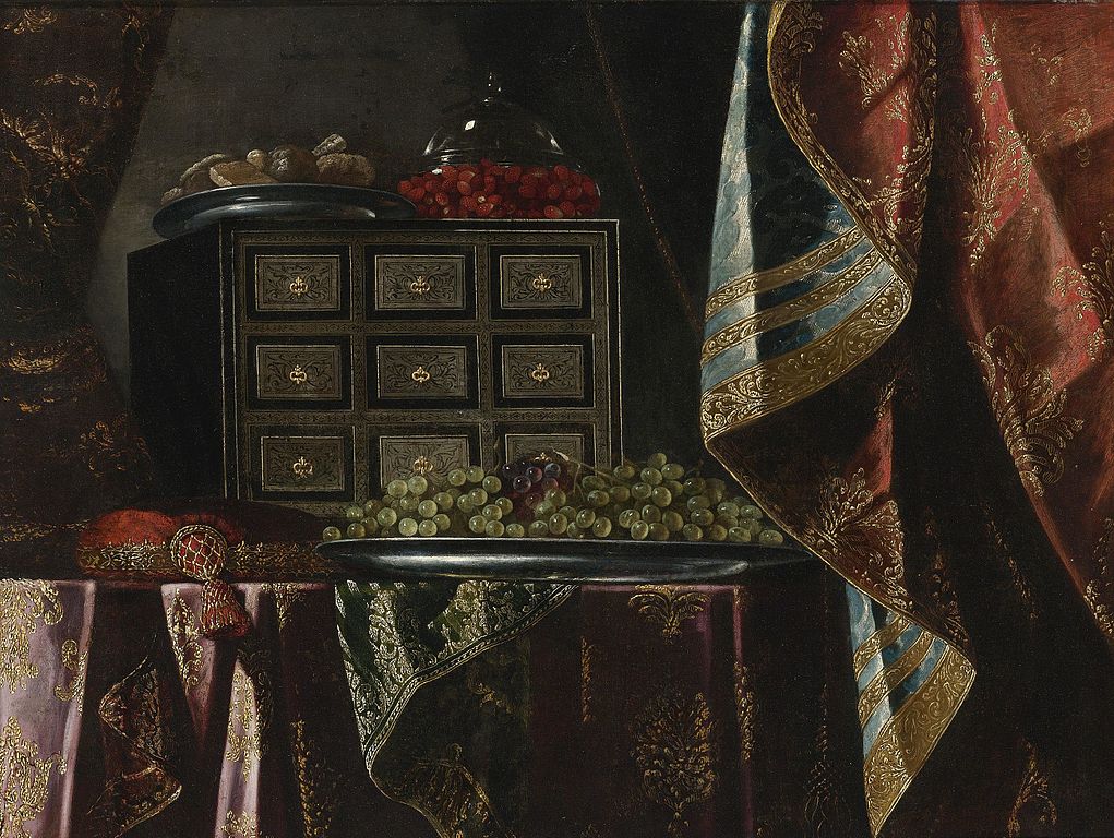 Still Life of a Chest, Fruit and Other Objects on a Brocade Draped Table, vintage artwork by Carlo Manieri, 12x8" (A4) Poster
