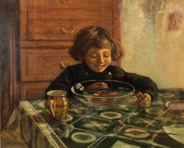 � child sitting a table by Nikolai Petrovich Bogdanov-Belsky,A3(16x12")Poster