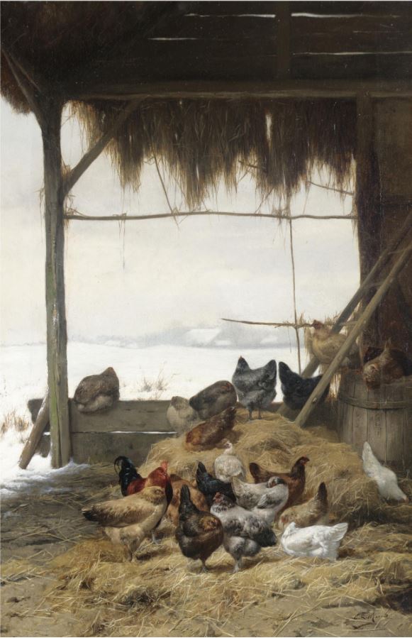 Chickens in a Barn in Winter, vintage artwork by Eugène Remy Maes, 12x8" (A4) Poster