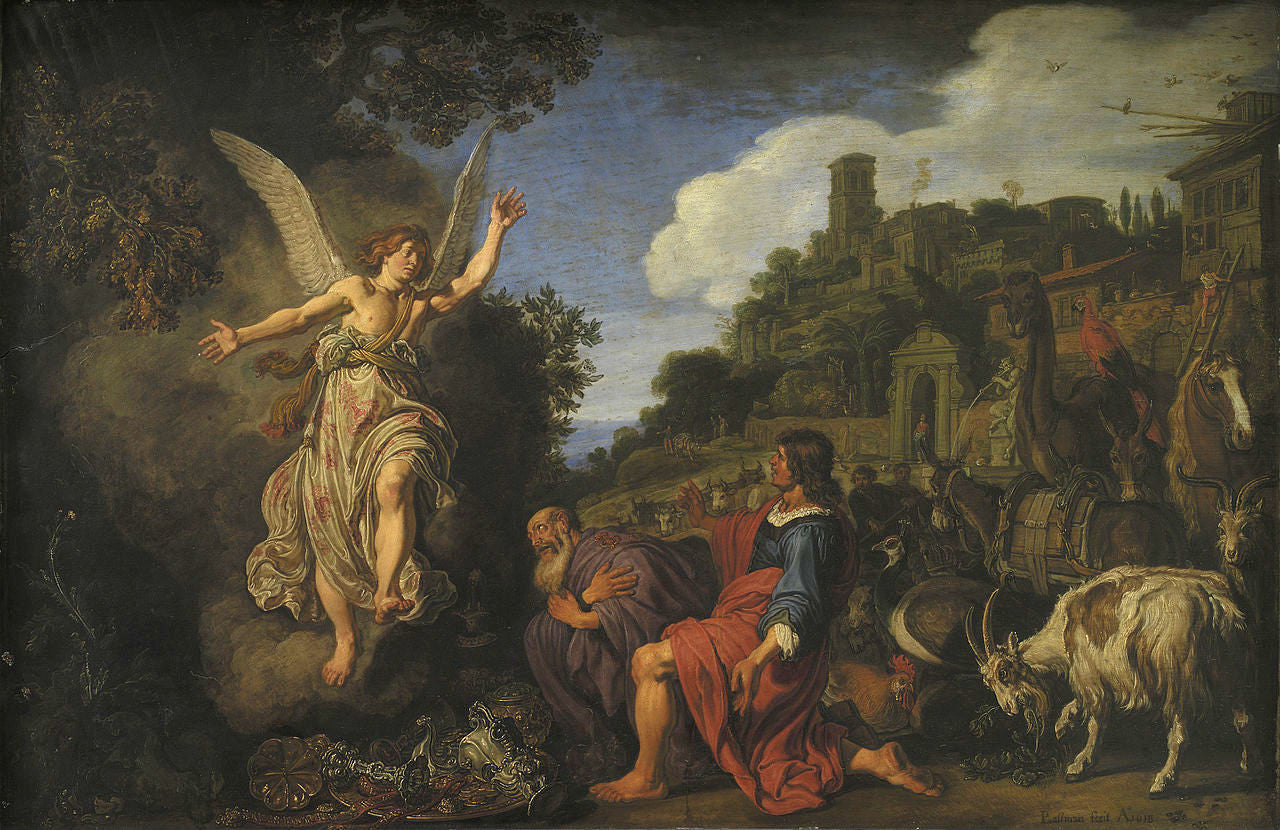 The Angel Raphael Takes Leave of Old Tobit and his Son Tobias, vintage artwork by Pieter Lastman, 12x8" (A4) Poster