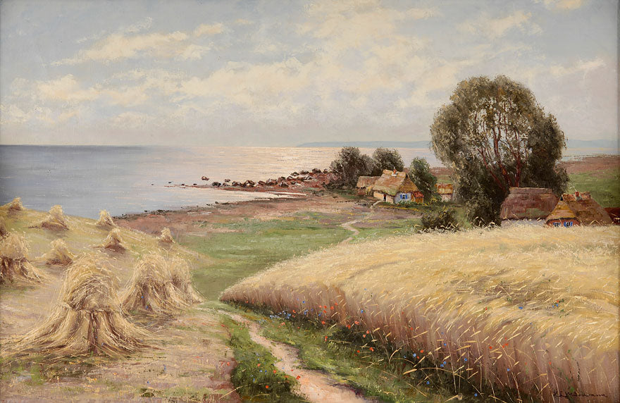 Coastal Scene with Haystacks, vintage artwork by Berndt Lindholm, 12x8" (A4) Poster